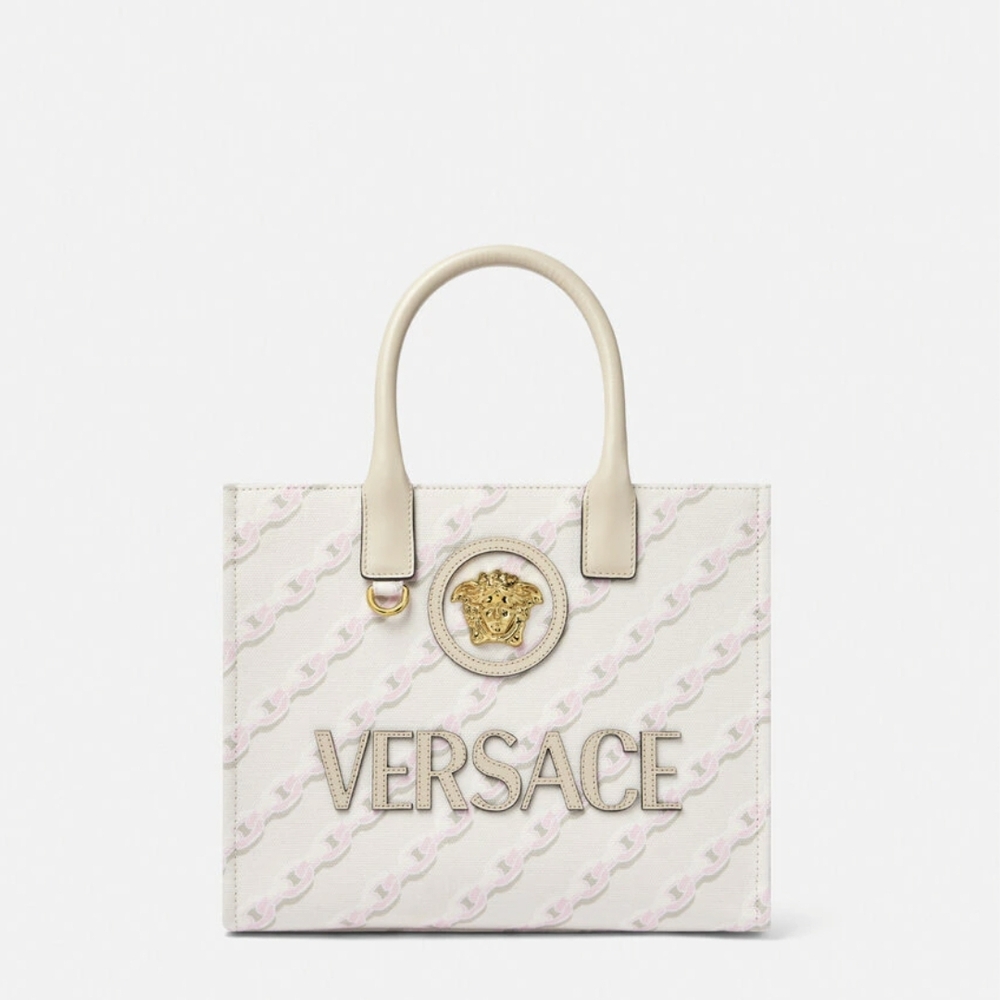 Versace Chain Stripes La Medusa Small Tote Bag Pink/White